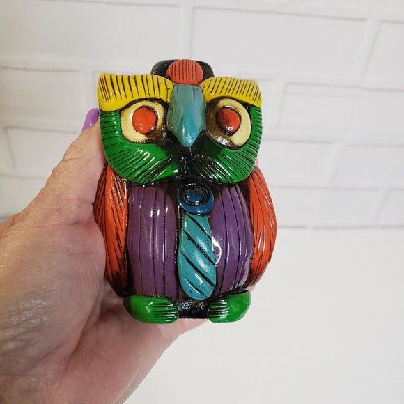 Cool Vintage Aztec Owl with Tie Whistle Black Pottery 4" Red Eyes Folk Art Decor - Picture 8 of 11